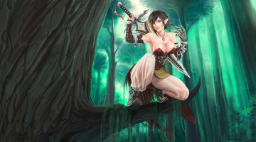 Картинка фэнтези эльфы меч униформа взгляд фон девушка
