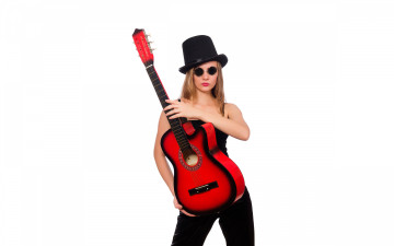 Картинка музыка -другое девушка гитара поза прическа макияж очки шляпа фон взгляд