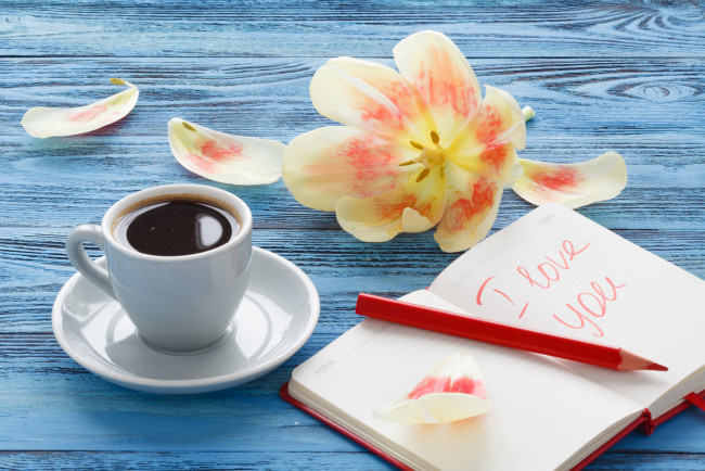 Обои картинки фото еда, кофе,  кофейные зёрна, цветок, тюльпан, блокнот, ручка