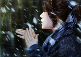 Картинка рисованное кино +мультфильмы парень шарф бамбук снег