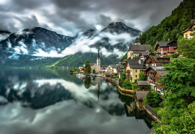 Обои картинки фото города, гальштат , австрия, горы, озеро, туман