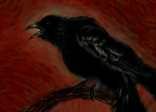 Картинка рисованные животные +птицы ворон ветка