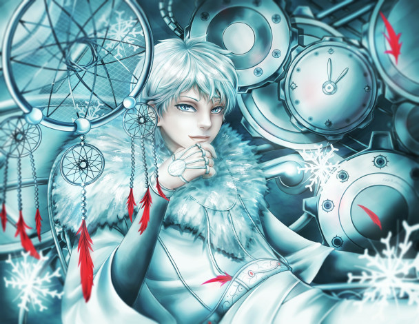 Обои картинки фото аниме, -weapon,  blood & technology, арт, снов, ловушка, парень, белые, волосы, механизм, перья