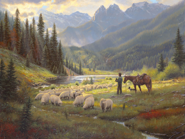 Обои картинки фото рисованные, живопись, небо, овцы, собака, конь, пастух, река, горы, лес, свет