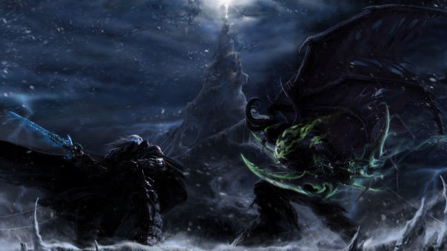 Обои картинки фото видео игры, warcraft iii,  the frozen throne, сражение, битва, бой, тучи, скала, зима, снег, ветер, ночь