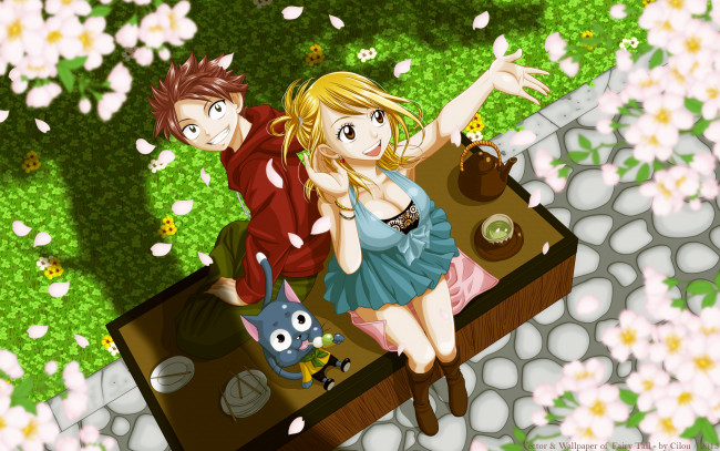 Обои картинки фото аниме, fairy tail, happy, natsu, dragneel, lucy, heartfilia, цветение, весна, чаепитие, парень, девушка