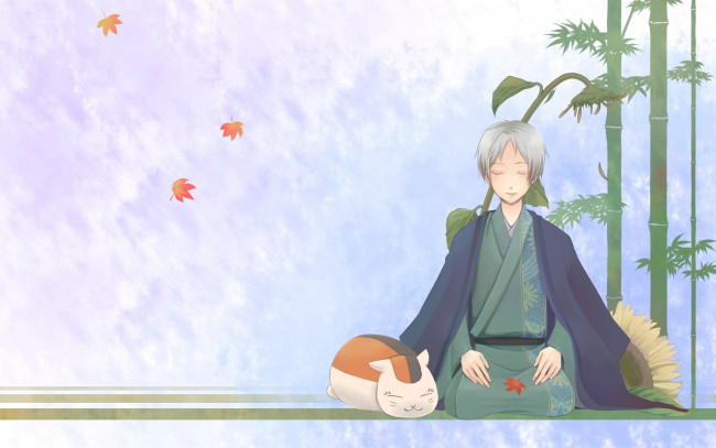 Обои картинки фото аниме, natsume yuujinchou, подсолнух, кот, парень, madara, рисунок, бамбук, листья, natsume, yuujinchou, takashi