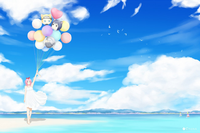 Обои картинки фото аниме, naruto, воздушные, шары, sanaa, девочка, sakura, haruno, art, море, пляж