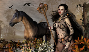 Картинка 3д+графика амазонки+ amazon взгляд цветы девушка птицы шест фон лошадь