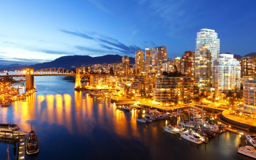 Картинка города ванкувер+ канада набережная фонари ночь огни причаля дома теплоходы ванкувер мост река катера лодки горы пейзаж