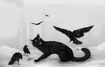 обоя рисованное, животные, зима, вороны, кот