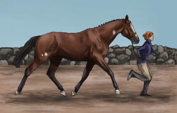 Картинка рисованное животные +лошади взгляд ипподром девушка забор лошадь фон