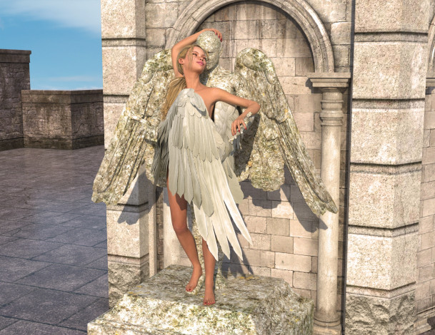 Обои картинки фото 3д графика, ангел , angel, девушка, взгляд, фон, ангел, скульптура