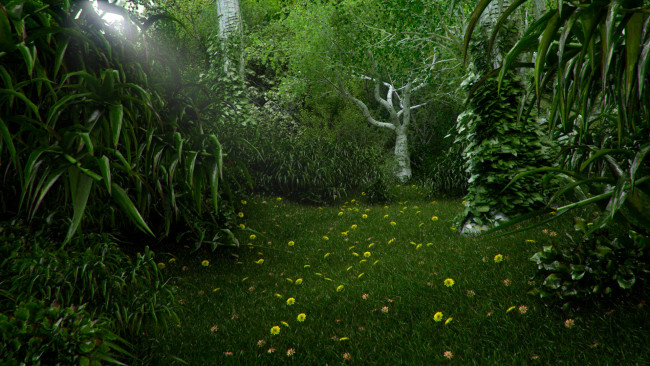 Обои картинки фото 3д графика, природа , nature, деревья, лес, цветы, опушка