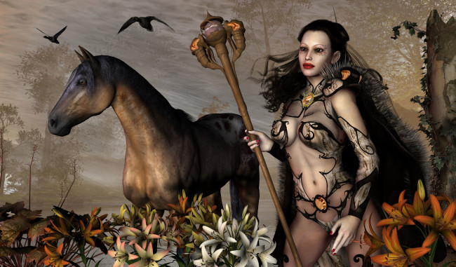 Обои картинки фото 3д графика, амазонки , amazon, взгляд, цветы, девушка, птицы, шест, фон, лошадь