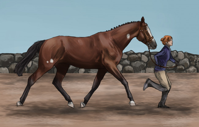 Обои картинки фото рисованное, животные,  лошади, взгляд, ипподром, девушка, забор, лошадь, фон