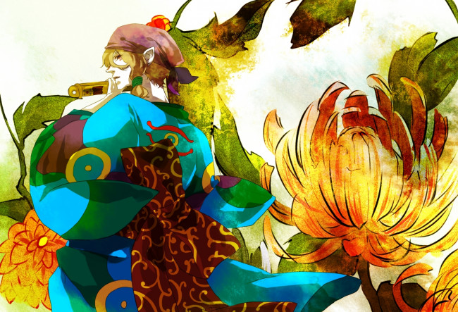 Обои картинки фото аниме, mononoke, kusuriuri, арт, парень, кимоно, бант, цветы