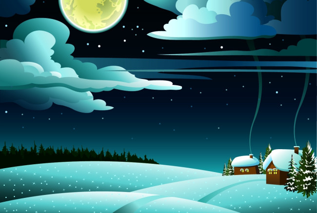 Обои картинки фото векторная графика, природа , nature, домики, зима, снег, луна, облака, деревья