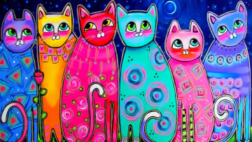 обоя рисованное, животные,  коты, арт, живопись, луна, хвосты, рисунок, настроение, разноцветные, коты, кошки, глаза, весна