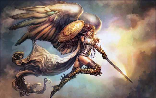 Обои картинки фото фэнтези, ангелы, girl, cape, artwork, armor, fantasy, curly, hair, shield, wings, sword, art, boots, angel
