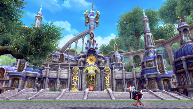 Обои картинки фото aura kingdom, видео игры, дворец, деревья, всадник, птица