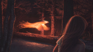 Картинка фэнтези существа девушка лес бревно феникс
