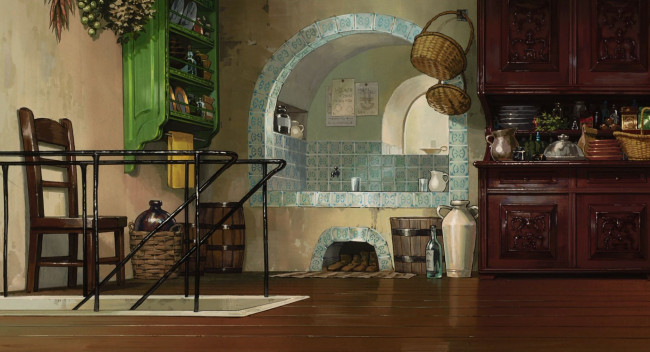Обои картинки фото аниме, howl`s moving castle, кухня, лестница