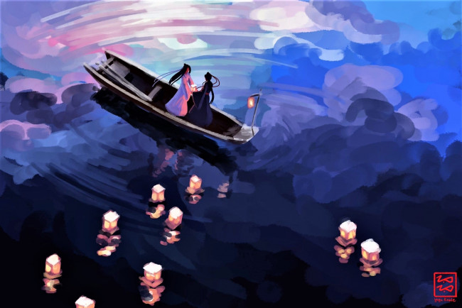 Обои картинки фото аниме, mo dao zu shi, вэй, усянь, лань, ванцзы, лодка, озеро, фонарики