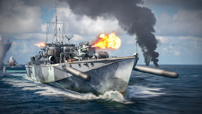 Обои картинки фото видео игры, war thunder, корабль, море, торпеды, огонь