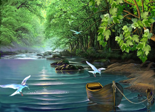 обоя рисованное, животные,  птицы, лес, река, камни, берега, птицы, лодка