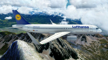 обоя airbus a320 lufthansa, авиация, пассажирские самолёты, самолет, полет, облака, горы