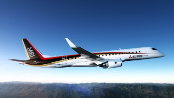 обоя airbus mitsubishi-rj, авиация, пассажирские самолёты, самолет, небо, полет, горы
