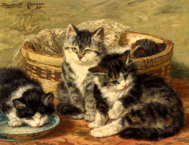 Обои картинки фото рисованное, henriette ronner-knip, котята, блюдце, корзина