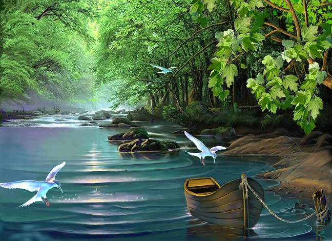 Обои картинки фото рисованное, животные,  птицы, лес, река, камни, берега, птицы, лодка