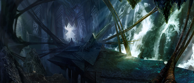 Обои картинки фото видео игры, starcraft ii,  wings of liberty, мост, замок, водопады, скалы