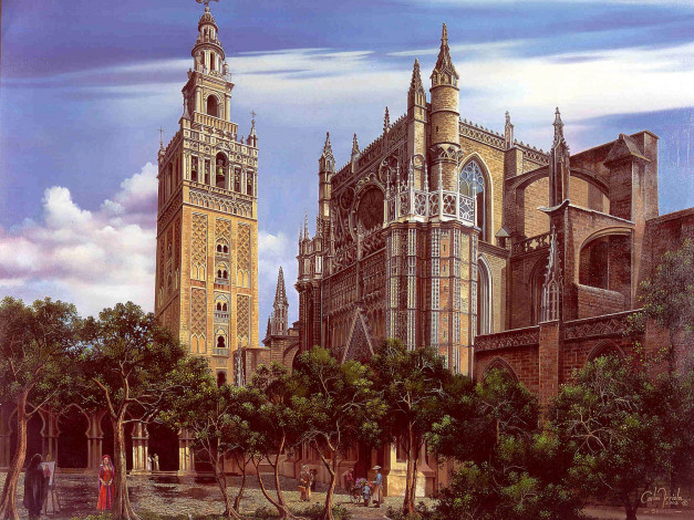 Обои картинки фото рисованные, города, собор
