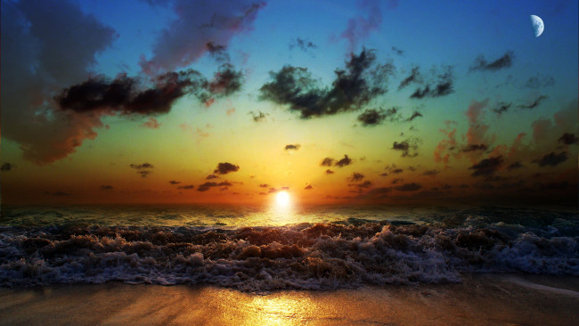 Обои картинки фото the, sun, shines, природа, восходы, закаты, море, волна, пляж, рассвет, красота