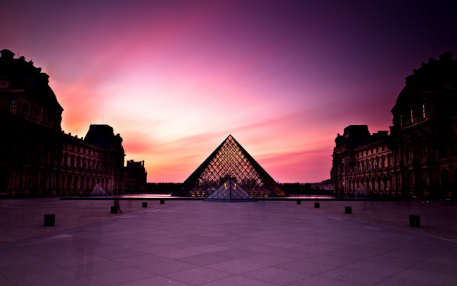Обои картинки фото louvre, sunset, города, париж, франция, рассвет, площадь, лувр