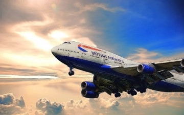 обоя boeing, 747, авиация, 3д, рисованые, graphic, british, airways, jumbo, jet, дальнемагистральный, пассажирский, авиалайнер