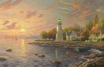 Картинка serenity+cove рисованные thomas+kinkade закат беседка дом маяк озеро
