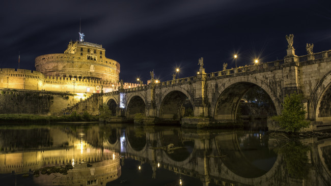 Обои картинки фото castel sant`angelo | rome, города, рим,  ватикан , италия, мост, ночь, замок
