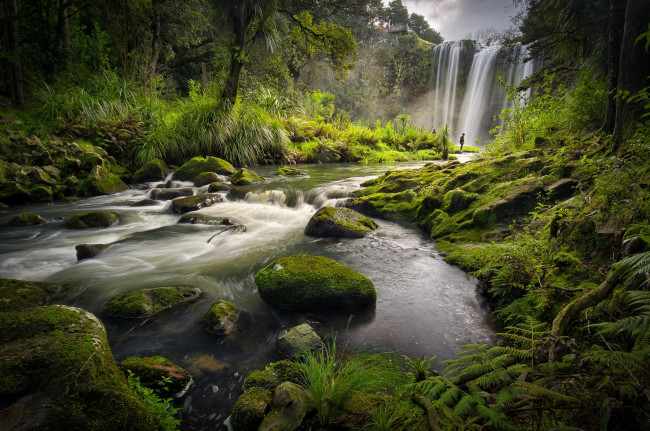 Обои картинки фото природа, водопады, лес, скала, поток