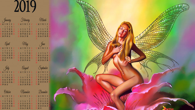 Обои картинки фото календари, фэнтези, бутон, цветок, фея, крылья, девушка