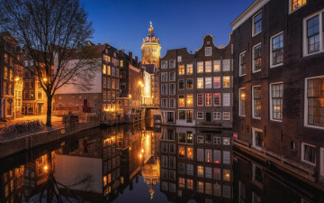 обоя города, амстердам , нидерланды, канал, вечер, огни
