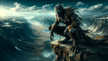 обоя 3д графика, фантазия , fantasy, монстр, когти, киборг, скалы, овраг