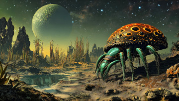 обоя 3д графика, фантазия , fantasy, животное, существо, насекомое, растения, скалы, лужа, спутник