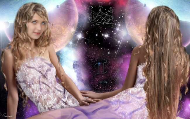 Обои картинки фото космический, гороскоп, близнецы, фэнтези, девушки