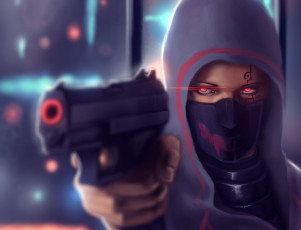 Картинка фэнтези девушки капюшон девушка пистолет глаза