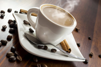 Картинка еда кофе +кофейные+зёрна корица ложка зерна чашка