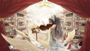 Картинка аниме музыка концерт зал опера платье ноты скрипка девушка шторы люстра смычок огни ложа